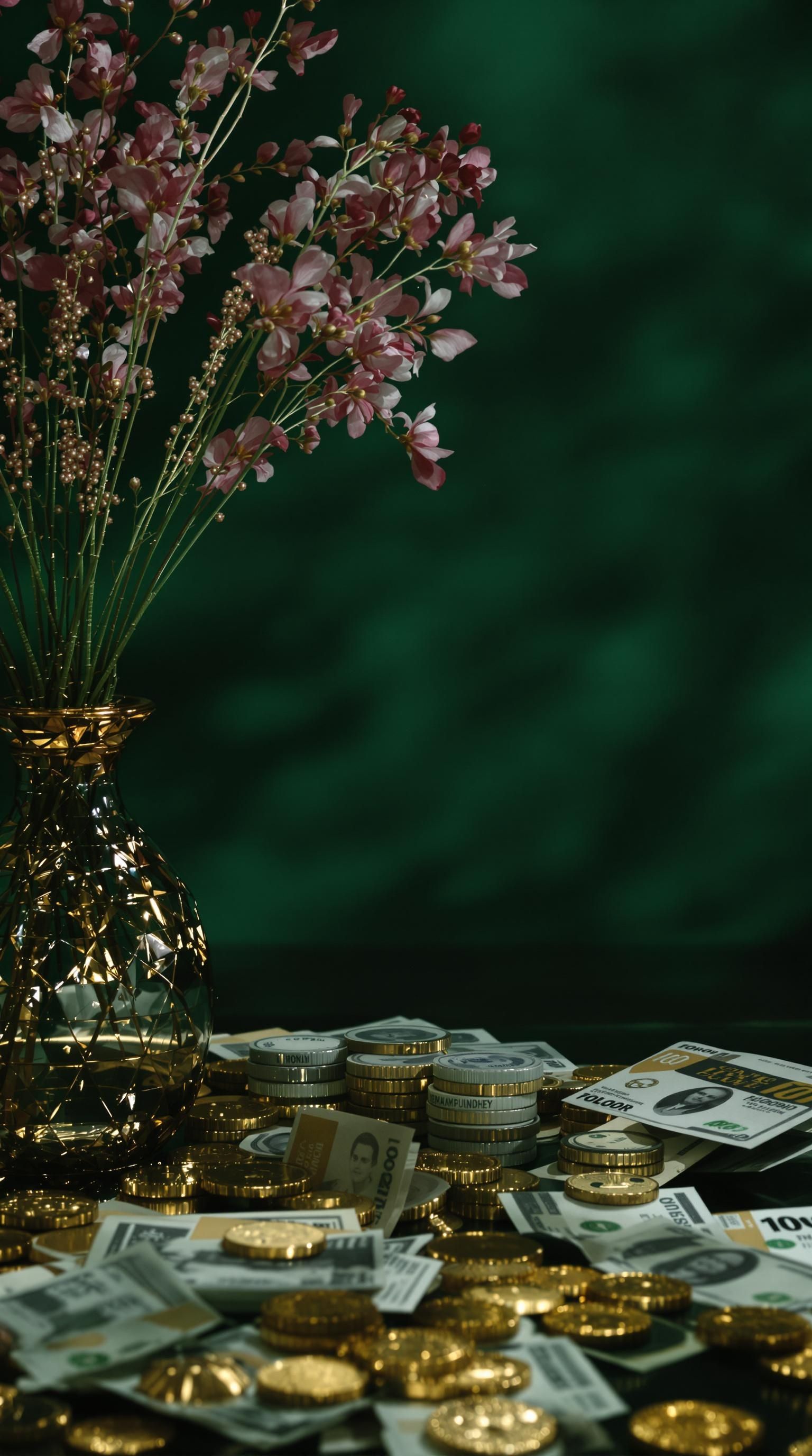 Stacks of gold coins and dollar bills with a vase of flowers on a dark green background