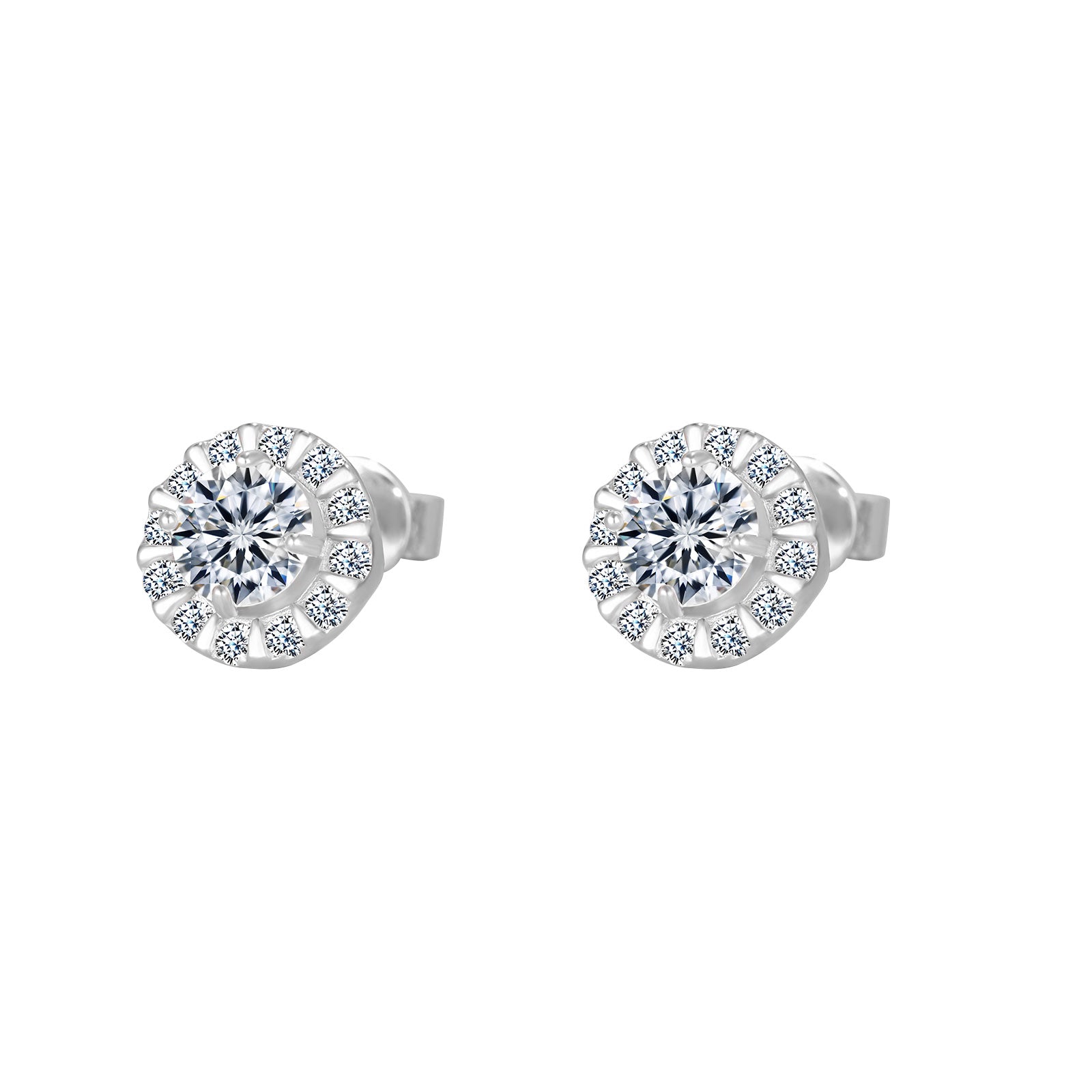 Pair of silver earrings with clear gemstones on a white background