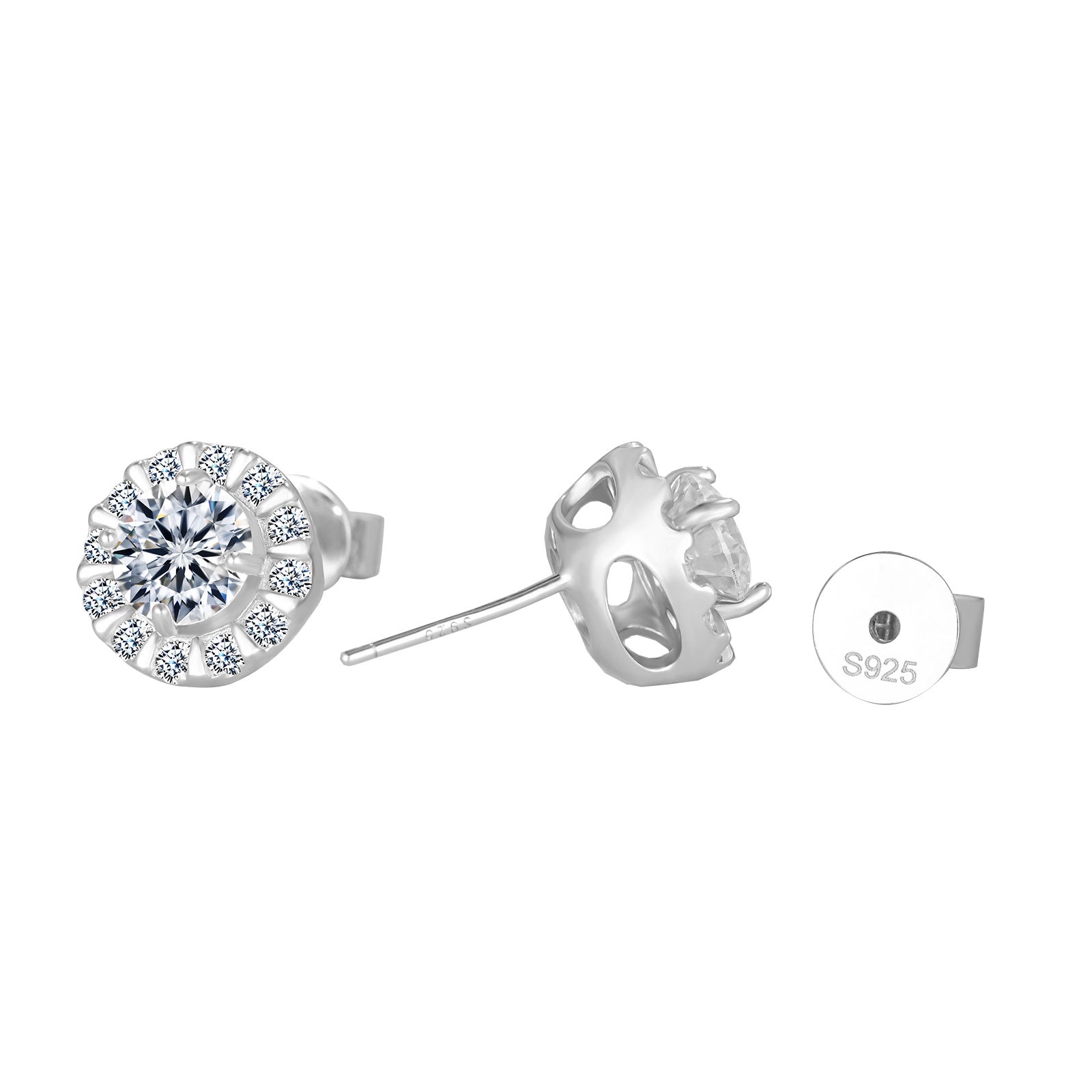 Silver earrings with clear gemstones on a white background