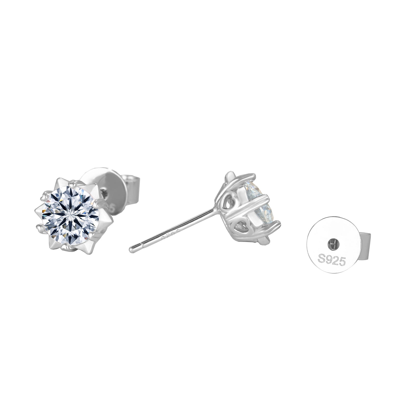 Silver stud earrings with a clear gemstone on a white background