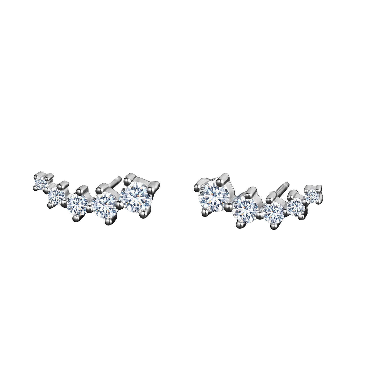 Pair of silver earrings with clear gemstones on a white background