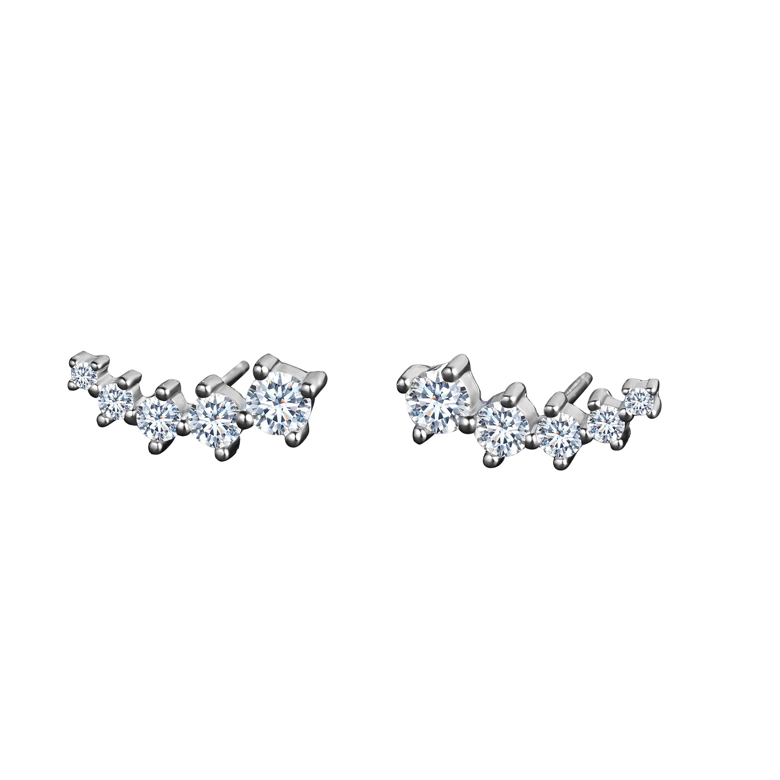 Pair of silver earrings with clear gemstones on a white background