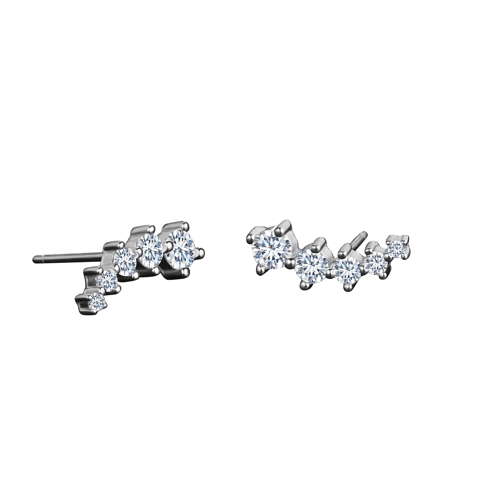 Pair of silver earrings with clear gemstones on a white background