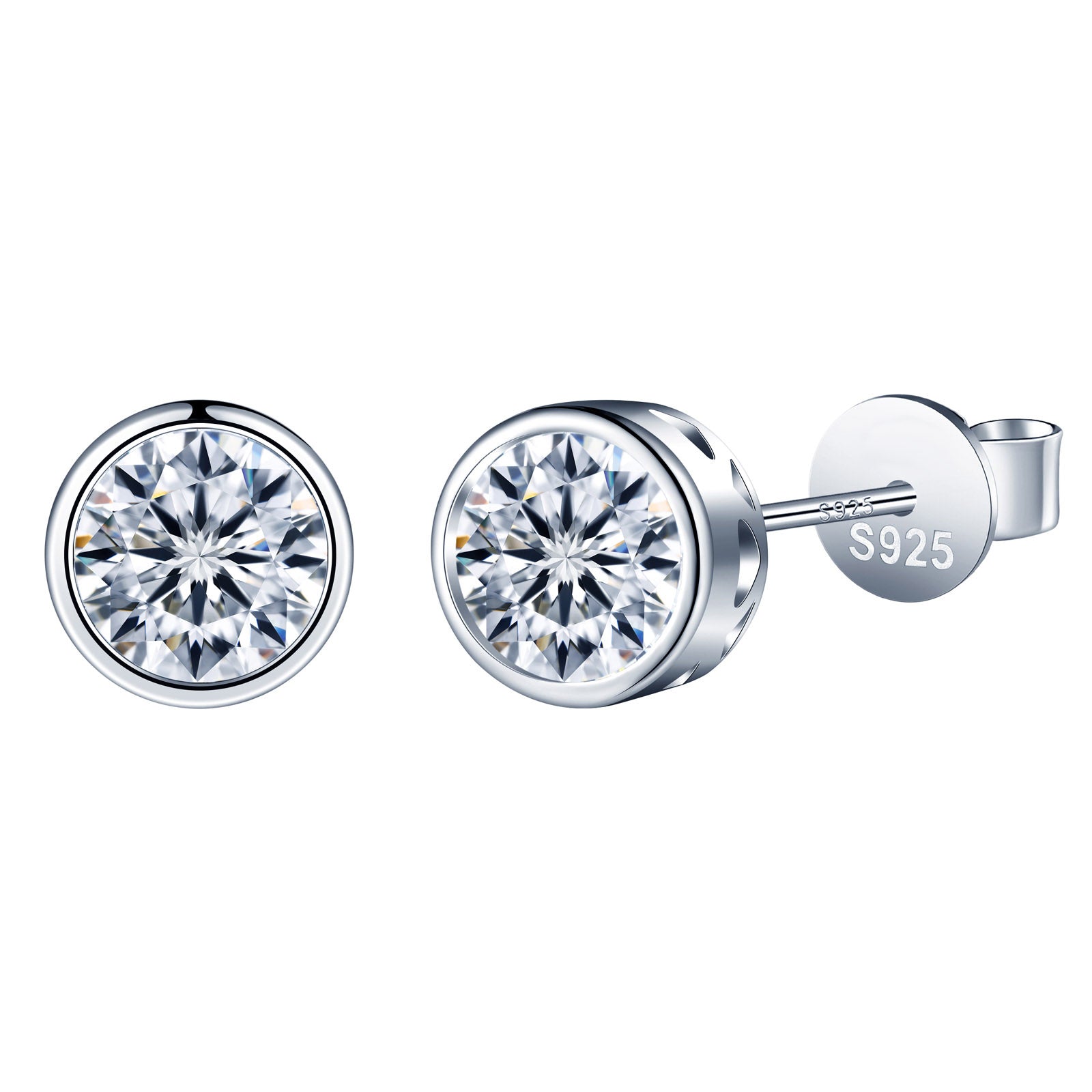 Silver stud earrings with clear gemstones on a white background