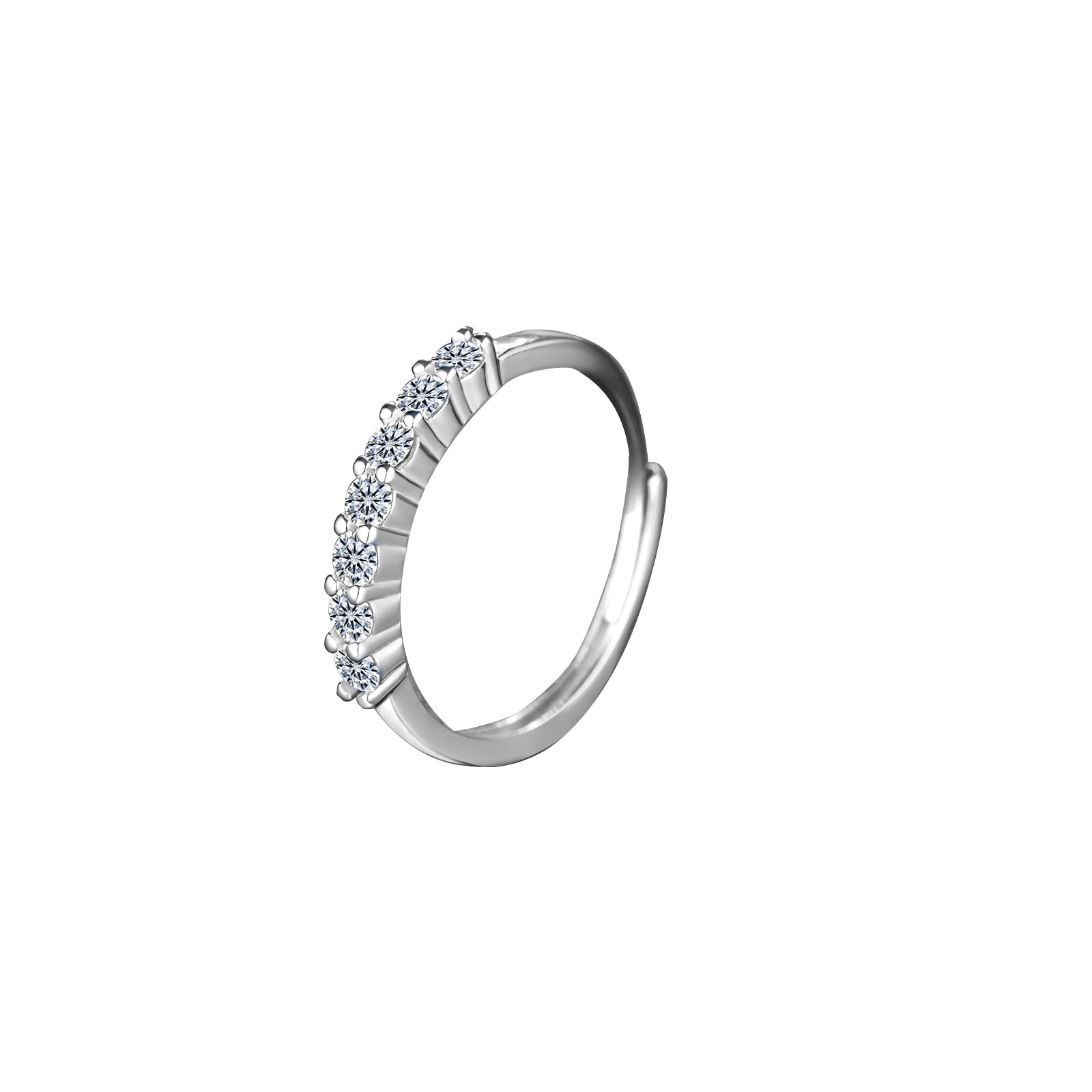 Silver ring with small diamonds on a white background