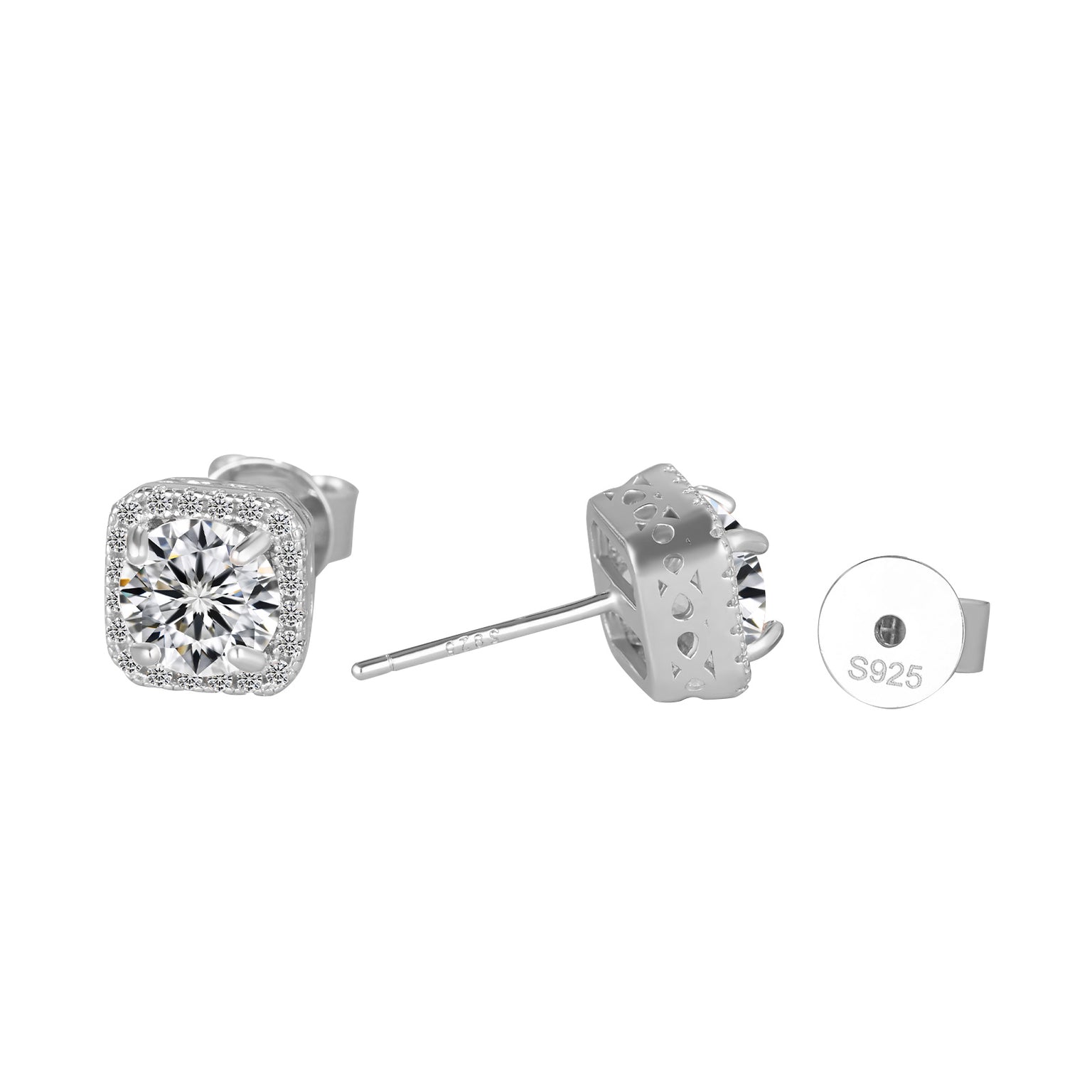 Silver stud earrings with clear gemstones on a white background