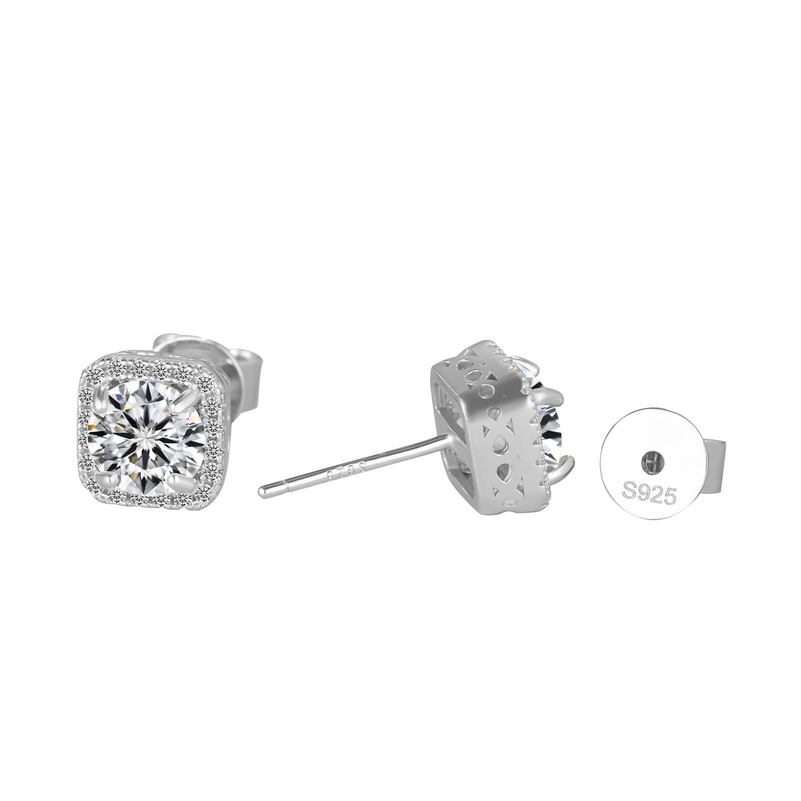Silver stud earrings with clear gemstones on a white background