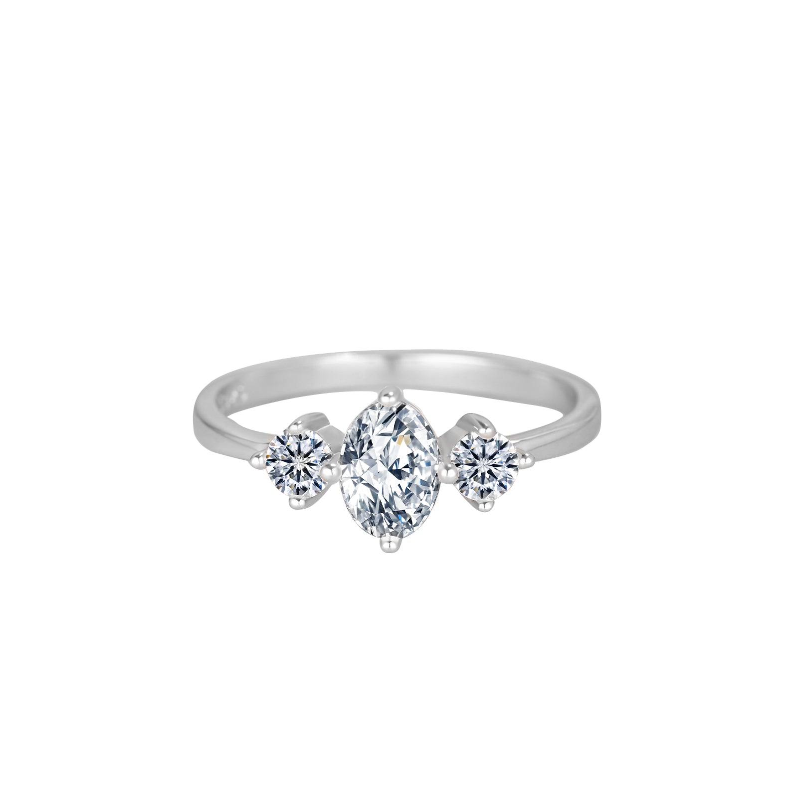 Silver ring with three diamonds on a white background